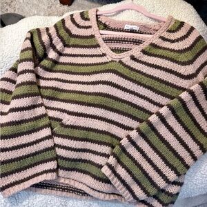 Blu Pepper V-Neck Sweater - Olive and Beige Stripes
